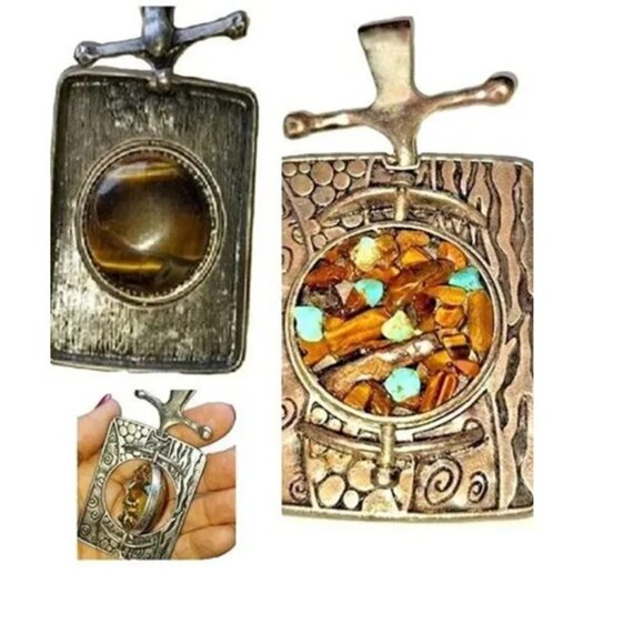 Vintage Tigers Eye Reversible Pendant/Tribal Charm Pewter Large Jewelry Native - Picture 1 of 8